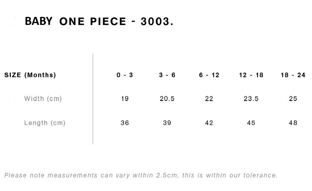 Baby one-piece size guide