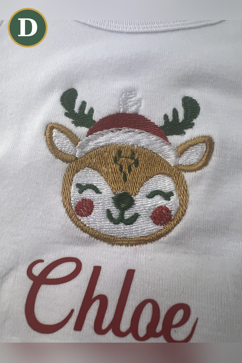 Option D: embroidered reindeer logo with the printed name Chloe on a white tee