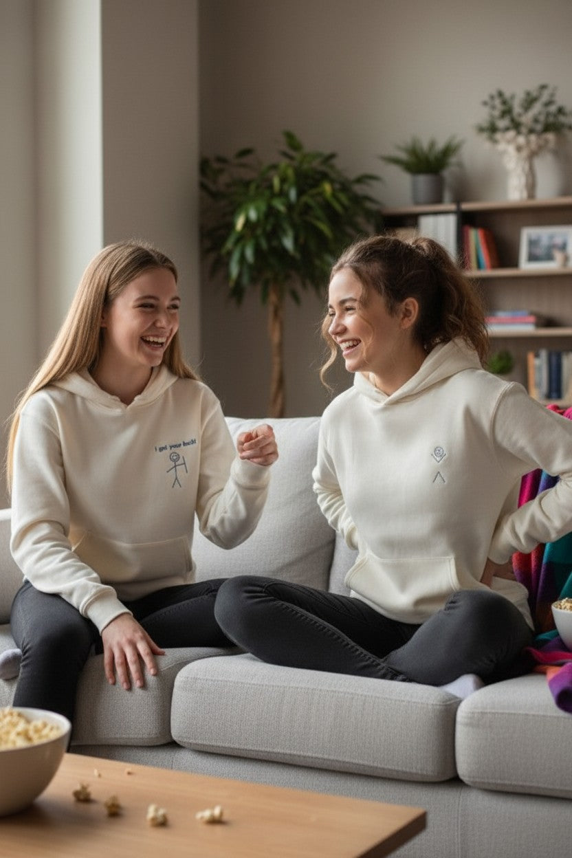 Two friends laughing on a sofa wearing matching ivory hoodies with the embroidered I got your back stick-figure design