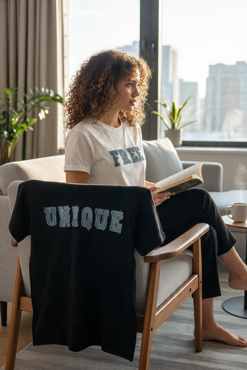 Woman reading in an armchair wearing a white tee with FREE in denim-patch lettering, with a black tee with UNIQUE in denim-patch lettering draped over the chair