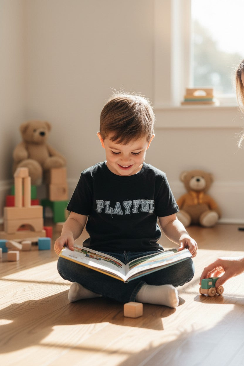 Smiling child reading a book wearing a black tee with PLAYFUL in denim-patch lettering